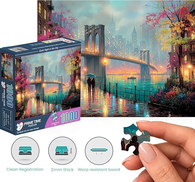Adult Jigsaw Puzzle 1000 Piece Brooklyn Bridge | Features an artistic New York City cityscape in the rain. 20x27- Great for game nights on a table, puzzleboard, or floor.