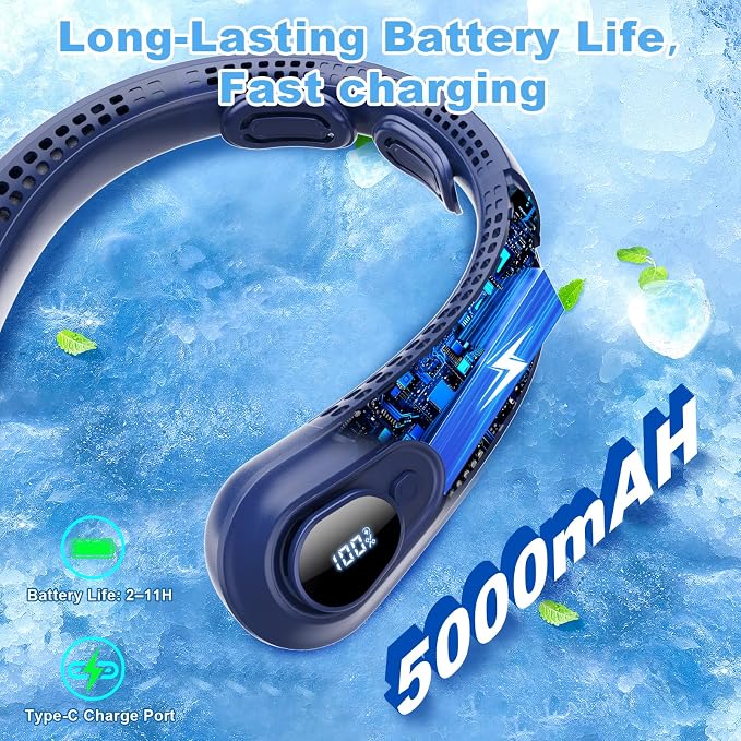 Portable Neck Fan Rechargeable - [with LED Display] 5 Speeds, 5000 mAh Battery Operated Wearable Personal Cooling Bladeless Fan for Outdoor Travel, Gifts for Men Women Kids,Dark Blue