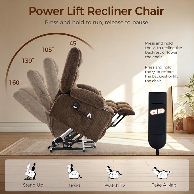 Power Lift Recliner Chair for Elderly, Electric Reclining Lift Chair with Massage and Heating, Comfy Overstuffed Recliner Single Sofa with Cup Holders, Pockets, USB Charge Port for Living Room, Brown