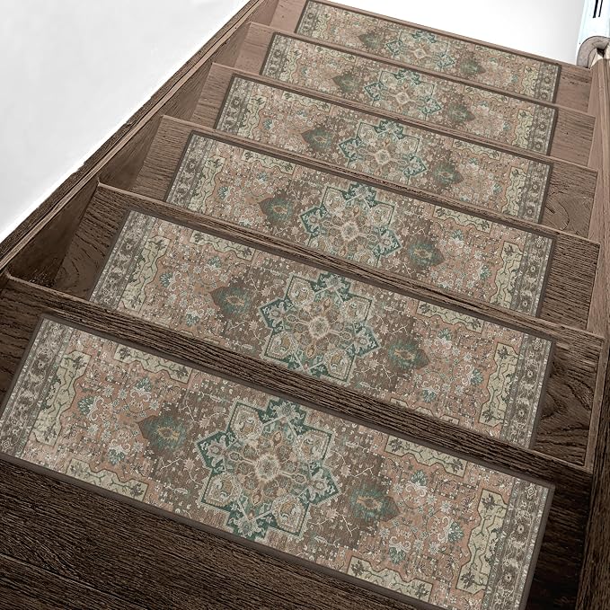sarben 8"x30" Non Slip Stair Treads for Wooden Steps 15 Pack, Rosewood | Peel and Stick Carpet Stair Runner with TPE Adhesive Backing, Carpet for Added Safety, Pet and Senior Friendly