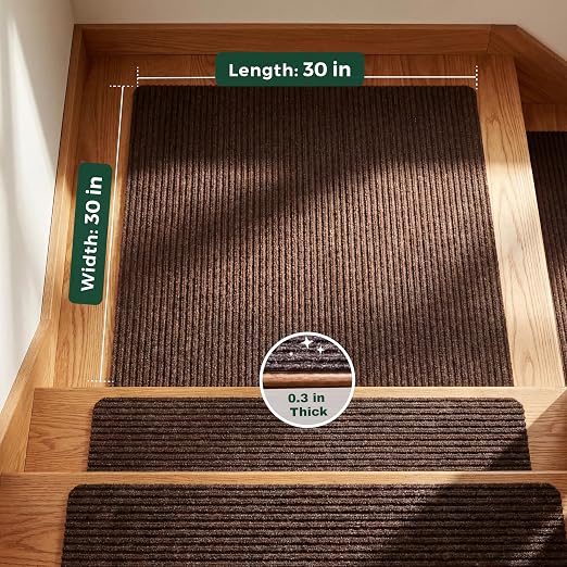 MBIGM Carpet Stair Landing Mat, 1 Pack, 2'6" x 2'6", Brown | Polyester carpet surface with PP mesh, nonwoven cushioning, and TPR adhesive backing for indoor stair coverage.