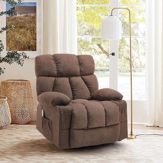 Oversized Massage Swivel Rocker Recliner Chair with Heat and Vibration Rocking Lounge Chair for Living Room Comfy Overstuffed Recliner with 4 Side Pockets,2 Cup Holders, USB Charge Port, Brown