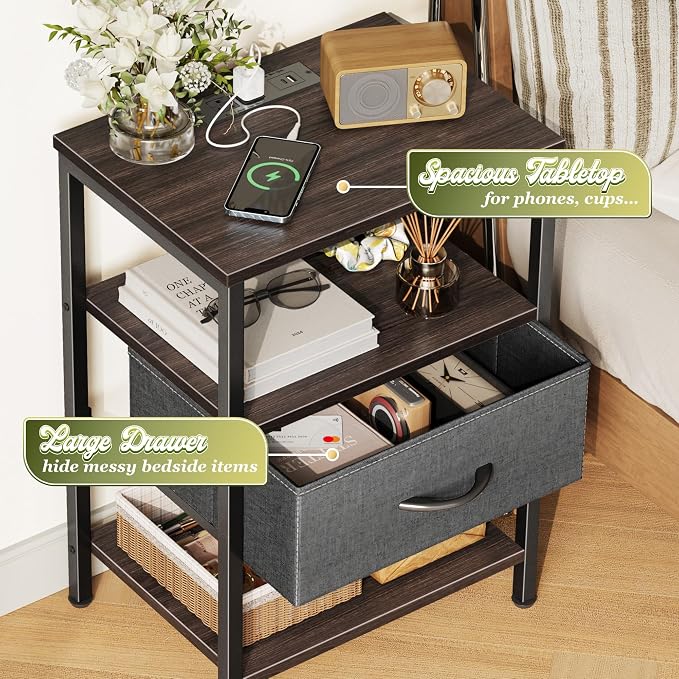 SUPERJARE Nightstand with Charging Station, USB-C Port, Bedside Table | Night Stand for Bedroom, with Adjustable Fabric Drawer, 3-Tier Storage End Table, for Living Room, Walnut