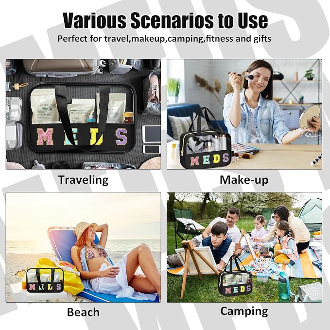 BuyCard Chenille Letter Patch Clear Travel Bags, Preppy PVC&Nylon Makeup Bag with Handle and Zipper, Waterproof Large Clear Travel Toiletry Bag Storage Bag for Women Girls