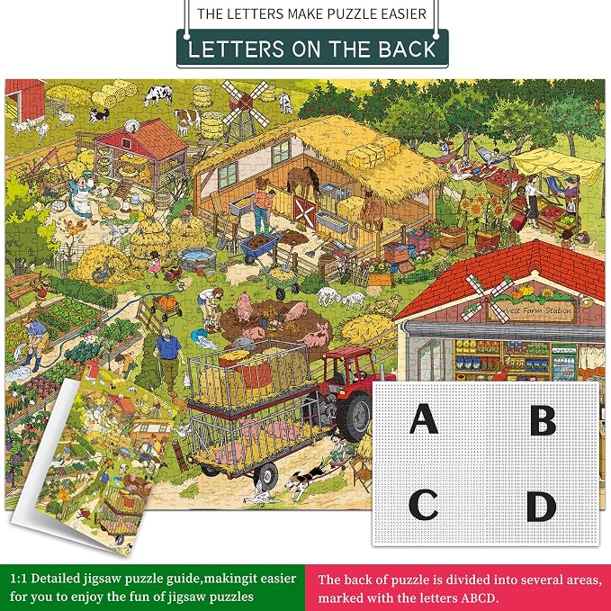 1000 Piece Jigsaw Puzzles for Adults, Harvest Farm Puzzle with 1:1 HD Poster, Precise Interlocking, Letter Markings on Back, Dust-Free, Stress Relief & Ideal Family Game Gift