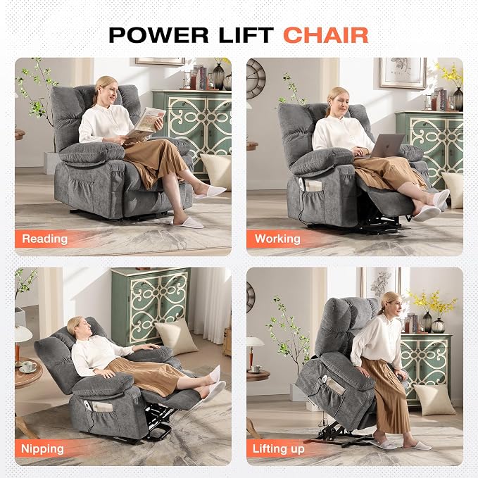Power Lift Recliner Chair for Elderly with Vibration Massage and Lumbar Heating, Electric Lift Recliner Sofa with USB Charging Port and Side Pocket, Adjustable Lift Chair for Living Room Comfort