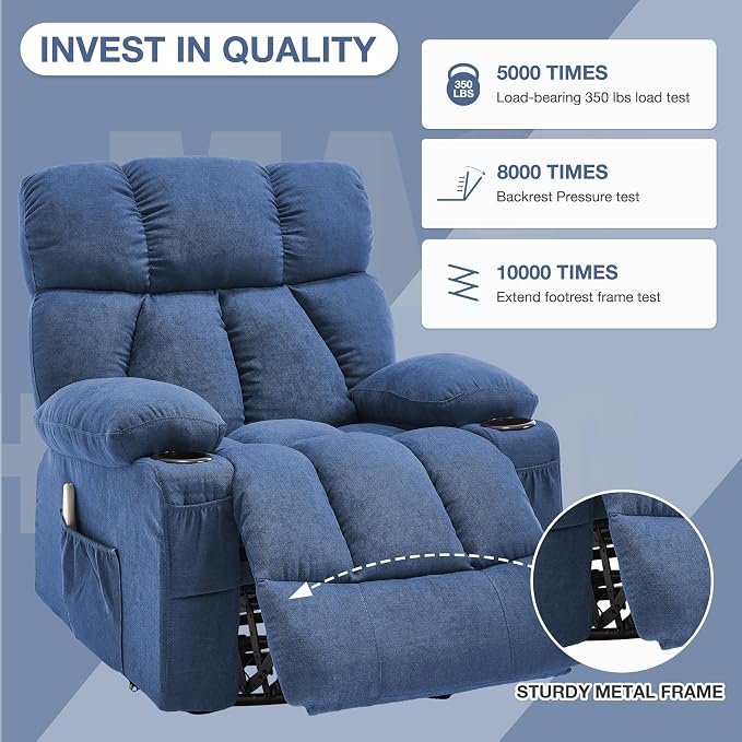 Oversized Massage Swivel Rocker Recliner Chair with Heat and Vibration Rocking Lounge Chair for Living Room Comfy Overstuffed Recliner with 4 Side Pockets,2 Cup Holders, USB Charge Port, Blue