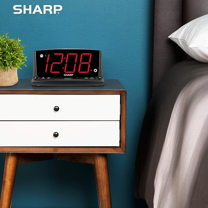 Sharp Digital Alarm Clock, 1.8" Red LED, Night Light, Loud Alarm, Black | Front keyboard controls, 9-minute snooze, AC powered, 9V settings backup, across-room viewing, bedroom, nursery, bathroom