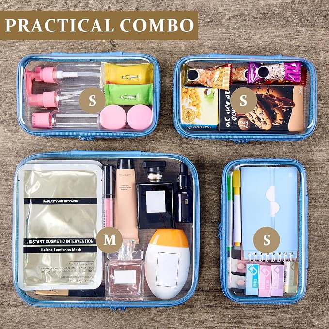 4 pcs Clear Zipper Pouches,Hard Shell Zipper Case, Toiletry Bag for Travel | CLear Diaper Bag, Toiletry Pouch, Travel Organizer, Cosmetic Bag,Toy Storage Bins (M+3S) (Blue)