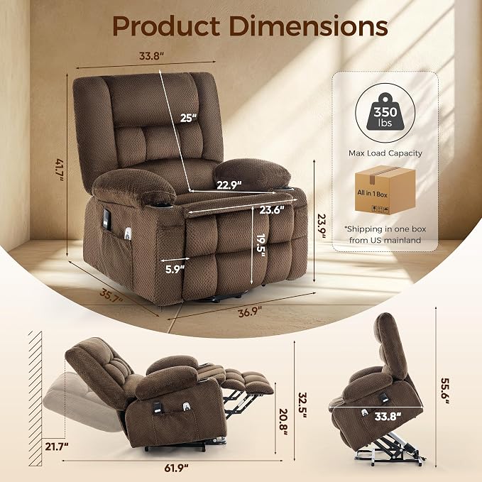 Power Lift Recliner Chair for Elderly, Electric Reclining Lift Chair with Massage and Heating, Comfy Overstuffed Recliner Single Sofa with Cup Holders, Pockets, USB Charge Port for Living Room, Brown