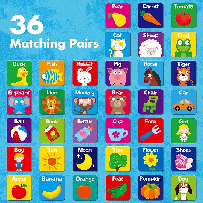 Hebayy Memory Matching Game, 72 PCS First Words Matching Cards for Toddlers 36 Pairs Memory Cards Educational Toys for Preschool 4 5 6 Years Old
