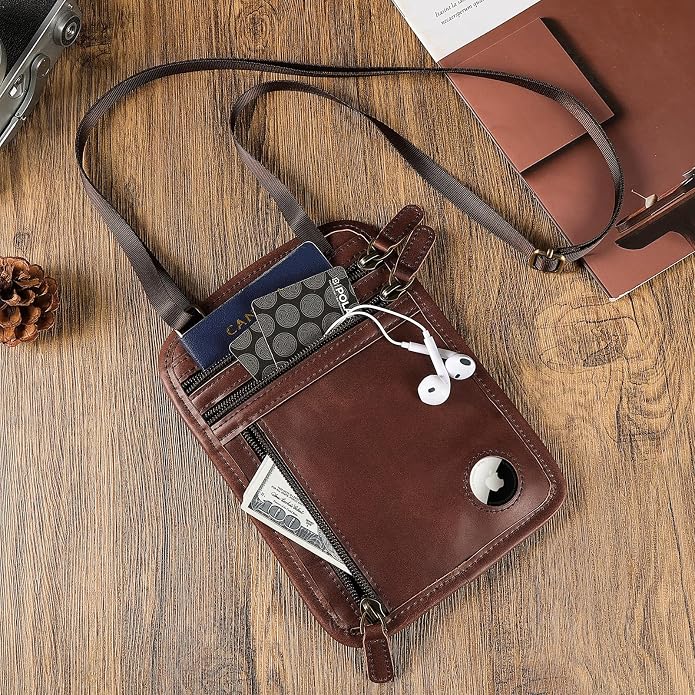 Polare Full Grain Leather Neck Wallet RFID Blocking Conceal Passport Holder Travel Pouch with AirTag Slot for Men