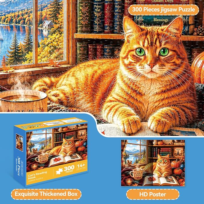 300 Piece Jigsaw Puzzle for Kids & Adults – Cozy Cat Reading Room Scene with Open Book, Vintage Library, Autumn Window View & Warm Home Decor, Family Puzzle Gift for Boys Girls Ages 8+, 20.5 x 15 in