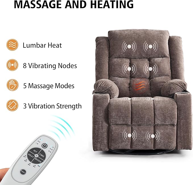 Ketaiyou Power Swivel Rocker Recliner Chair for Adults with Massage and Heat, USB and Type-C Ports, Infinite Position, Electric Glider Reclining Single Sofa Chair for Living Room (Coffee New)