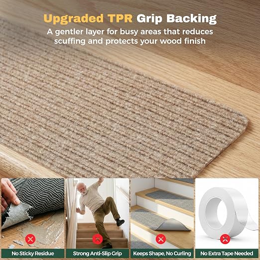 MBIGM Carpet Stair Treads for Wooden Steps, 15 Pack, 8" x 30", Cornstalk | Four-layer polyester carpet with PP grid base, nonwoven cushion and TPR adhesive backing adds indoor traction and comfort