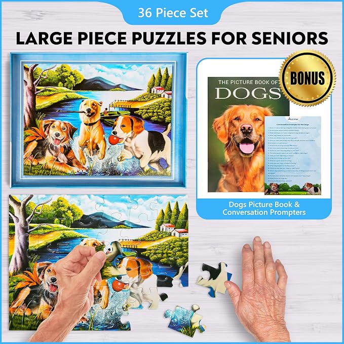 Assistex Large Piece Jigsaw Puzzle for Seniors with Dementia with Conversation Prompts, Large Piece Memory Game for Adults, Elderly, and Dementia Patients – Dogs Puzzle, 36 pcs