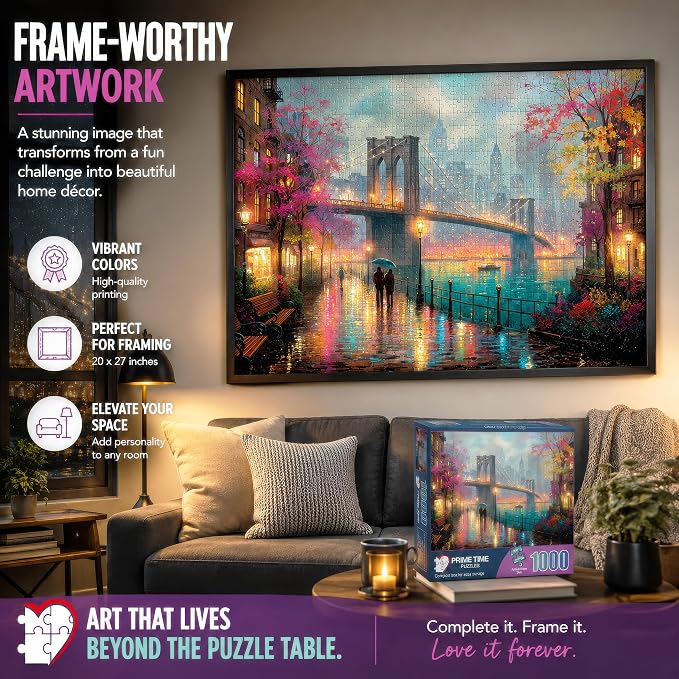 Adult Jigsaw Puzzle 1000 Piece Brooklyn Bridge | Features an artistic New York City cityscape in the rain. 20x27- Great for game nights on a table, puzzleboard, or floor.