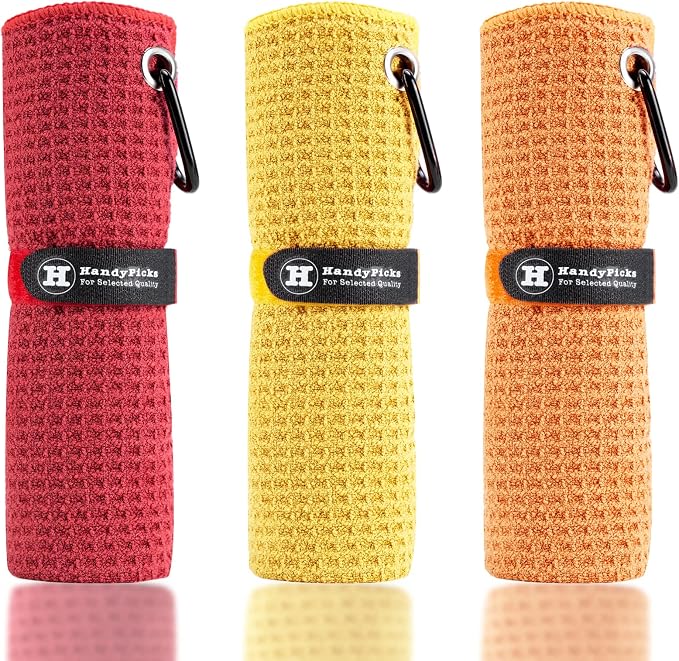Handy Picks Microfiber Golf Towel (16" X 16") with Carabiner Clip, Waffle Pattern Golf Towel Hook and Loop Fastener - The Convenient Golf Cleaning Towel