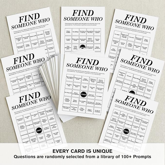 Find Someone Who Bingo Cards, 25 Unique Randomized 5x7 Sheets, Get to Know You Bingo Game for Adults, Ice Breaker Office Party Games, Team Building Games for Work, High Replay Value - B004