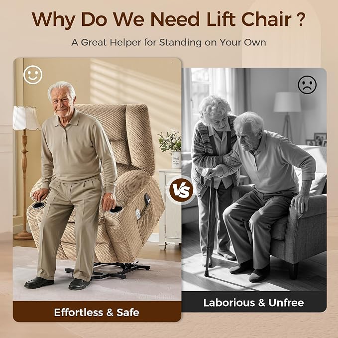 Power Lift Recliner Chair for Elderly, Electric Reclining Lift Chair with Massage and Heating, Comfy Overstuffed Recliner Single Sofa with Cup Holders, Pockets, USB Charge Port for Living Room, Camel