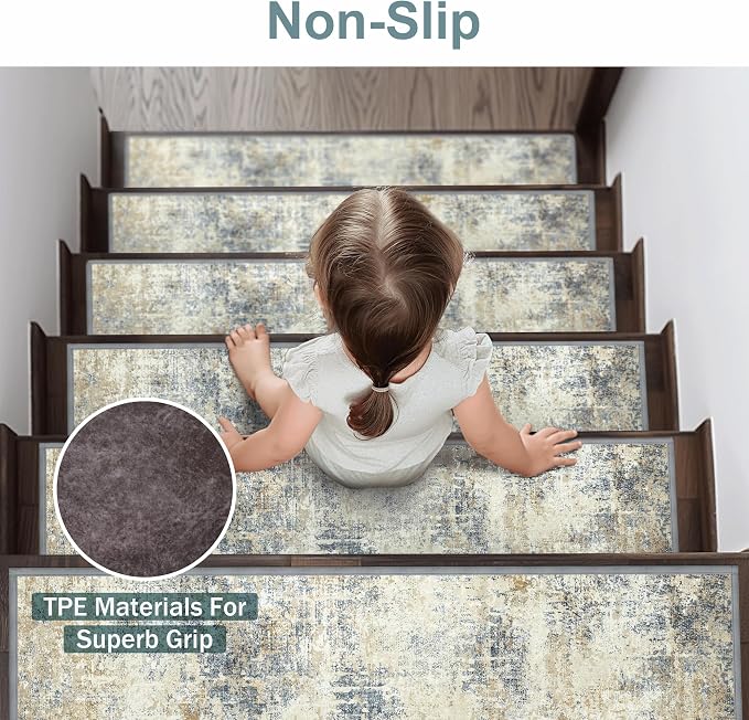 sarben 8"x30" Non Slip Stair Treads for Wooden Steps 15 Pack, Ivory Denim | Peel and Stick Carpet Stair Runner with TPE Adhesive Backing, Carpet for Added Safety, Pet and Senior Friendly