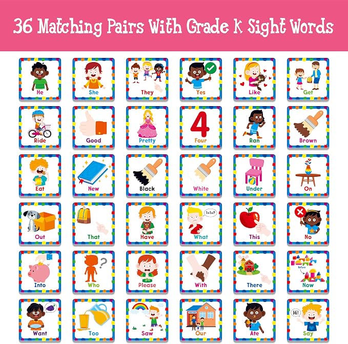 Hebayy Memory Matching Game, 72 PCS Grade K Sight Words Matching Cards for Kids, 36 Pairs Memory Cards, Educational Toy for Children to Learn Sight Words