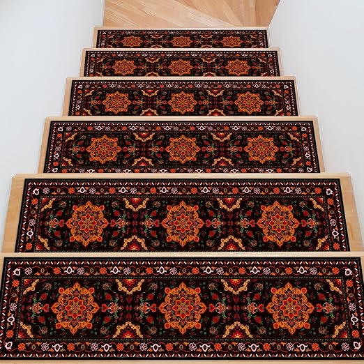 Stair Treads for Wooden Steps 15 Pack, Vintage Distress Print Pattern Runners Non Slip and Washable, Rug Carpet for Stairs with Silicone Backing 8" X 30"