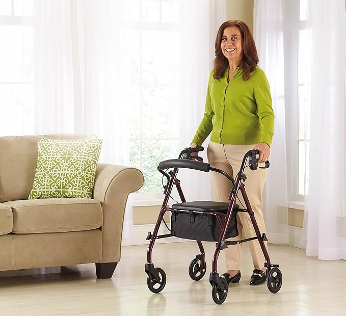Medline Steel Rollator Walker with Seat, Burgundy, 350 lb. Weight Capacity, 6” Wheels, Foldable, Height Adjustable Handles, Rolling Walker for Seniors, Walker for Mobility Impaired