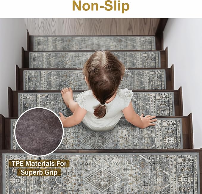 sarben 8"x30" Non Slip Stair Treads for Wooden Steps 15 Pack, Gray Charcoal | Peel and Stick Carpet Stair Runner with TPE Adhesive Backing, Carpet for Added Safety, Pet and Senior Friendly