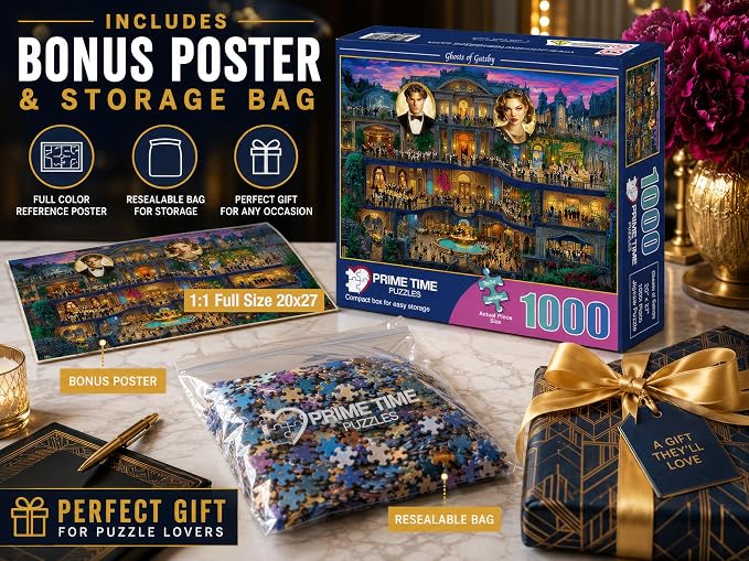 Adult Jigsaw Puzzle Ghosts of Gatsby 1000 Piece | Features a vibrant 1920s Roaring Twenties scene. 20x27 inches. Great for game nights on a table, puzzleboard, or floor.