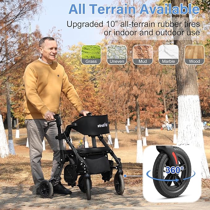 Rollator Walkers for Seniors with Seat, Walker Wheelchair Combo, 2 in 1 Rolling Walker Transport Wheelchair Lightweight Foldable, 10" Big Wheels Transport Chair with Brakes,Black