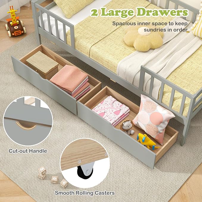 Giantex Twin Kids Bed with Storage Drawers, Wood Montessori Bed with Rails & Side Shelf, Low Daybed for Boys, Girls, No Box Spring Needed (Grey)