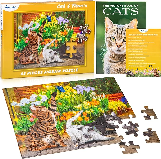 Assistex Large Piece Jigsaw Puzzle for Seniors with Dementia with Conversation Prompts, Large Piece Memory Game for Adults, Elderly, and Dementia Patients – Cats Puzzle, 63 pcs