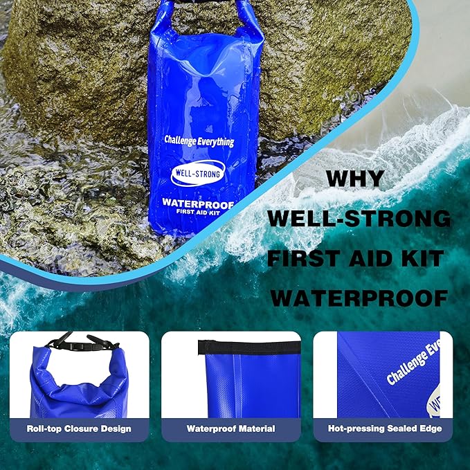 Boat First Aid Kit with Survival Tools, 123pcs Waterproof Emergency Marine Kit with Buckles, Compact Boat Safety Accessories for Fishing Kayaking Boating Camping Rafting Beach Blue