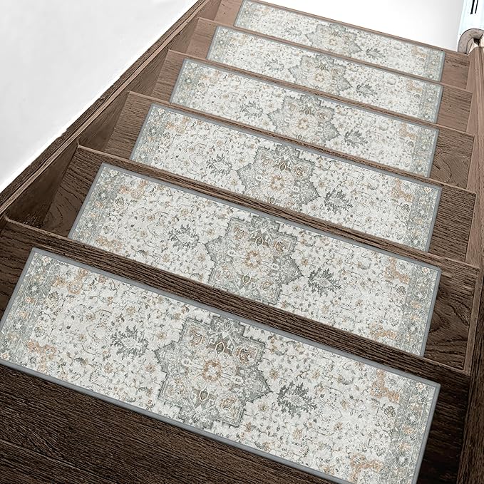 sarben 8"x30" Non Slip Stair Treads for Wooden Steps 13 Pack, Taupe | Peel and Stick Carpet Stair Runner with TPE Adhesive Backing, Carpet for Added Safety, Pet and Senior Friendly