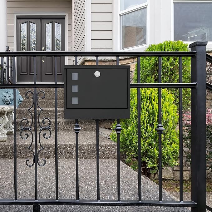 LAND·VOI Locking Mailbox Wall Mounted, Metal Postbox with Three Sets of Mail Box Number Stickers, 4 Keys, 14.4" x 4.5" x 11.2", Large Capacity, Black, AMB11B