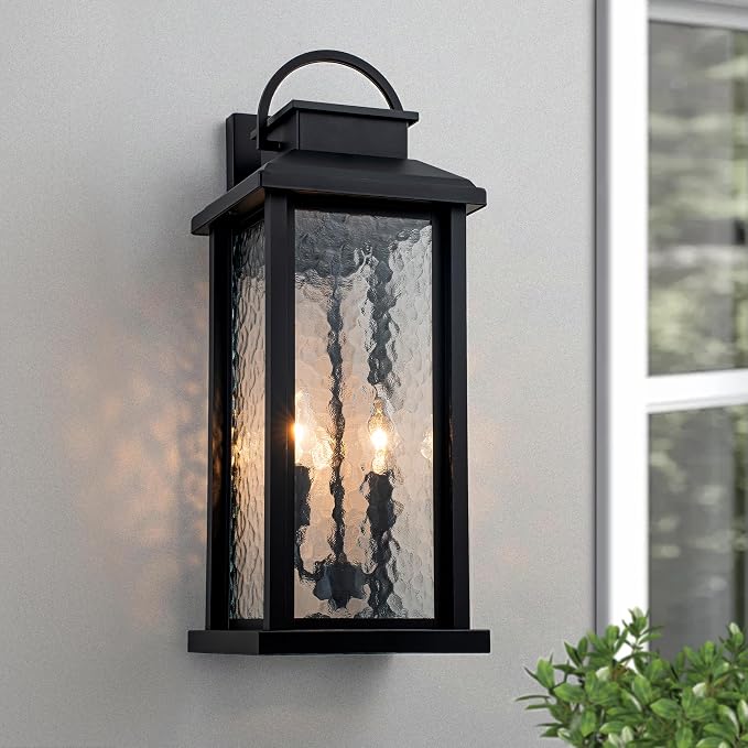 20 Inch Large Porch Lights Outdoor Wall Mounted Light | Matte Black, 2-Light Design, E12 Sockets, Water Glass, Hardwired, Waterproof Outdoor Light Fixture for House