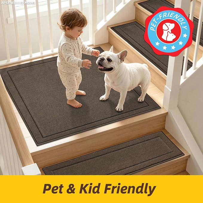 JSEI Non-Slip Stair Landing Rug Mat, 1-Pack 30" X 30", Light Brown | Edging Stair Treads Corner Indoor Stair Runners for Wooden Steps for Kids and Dogs, 100% Polyester, TPE Backing