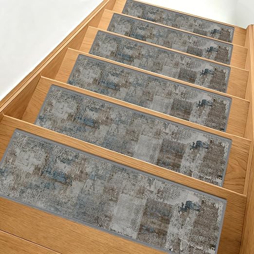 Non Slip Stair Treads for Wooden Steps, 4 Pack 8"x30" Washable Carpet | 8x30 in soft chenille polyester stair treads with reusable TPE backing for indoor wood stairs, dogs, kids, and seniors