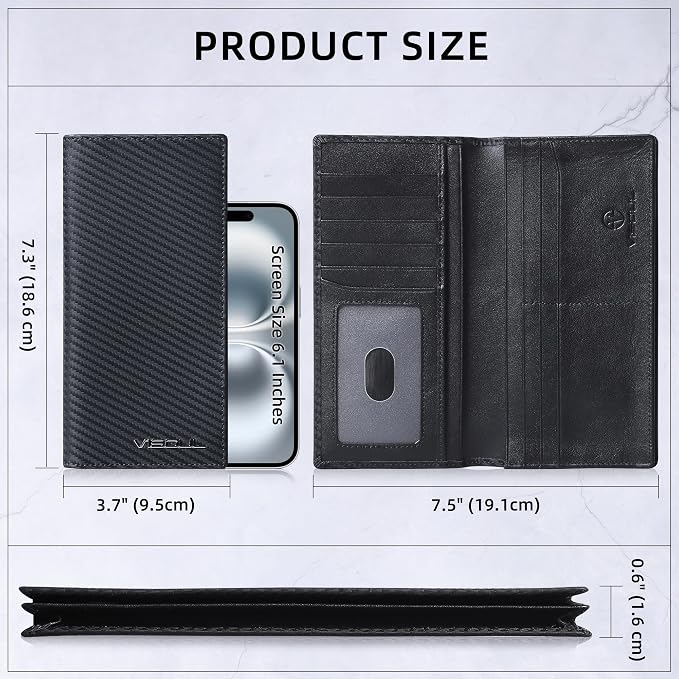 VISOUL Leather Checkbook Cover Wallet for Men with RFID Blocking, Mens Long Bifold Cash Tall Wallet with 11 Credit Card Slots 1 ID Window (Black+Black)