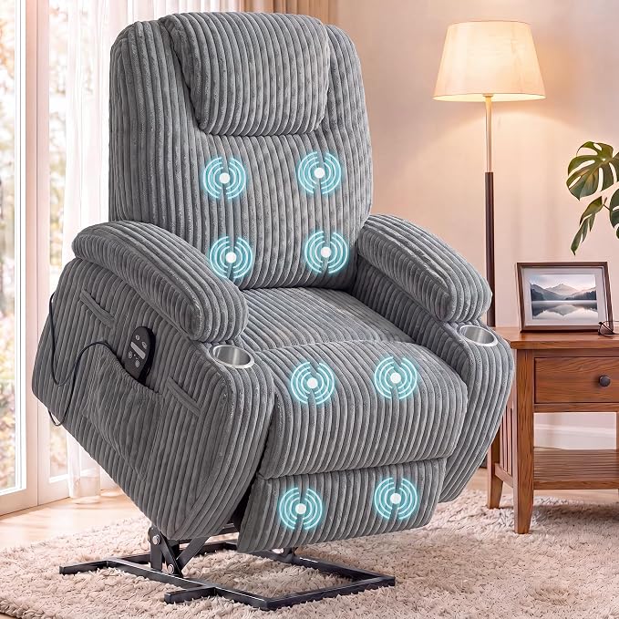 Flamaker Power Lift Chair Massage Recliner Chairs for Elderly | Ergonomic Lift Recliner Design with Cup Holders & Side Pockets, Remote Control (Corduroy, Dark Gray)