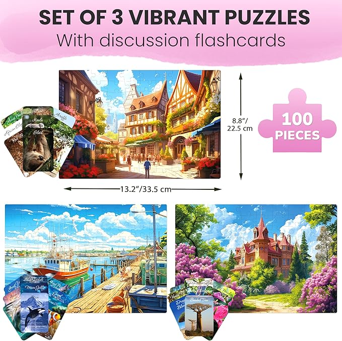 QUOKKA 100 Pieces Dementia Puzzles for Elderly - 3SET Large Piece Puzzles for Seniors - 9 Memory Flashcards with Facts I 25 Discussion Prompts per Puzzle - Alzheimer's Activities Products for Elderly