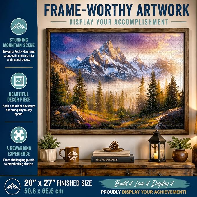 Adult Jigsaw Puzzle Foggy Mountain 1000 Piece | 20x27 inches. Features a majestic nature landscape scene, Great for game nights on a table, puzzleboard, or floor.