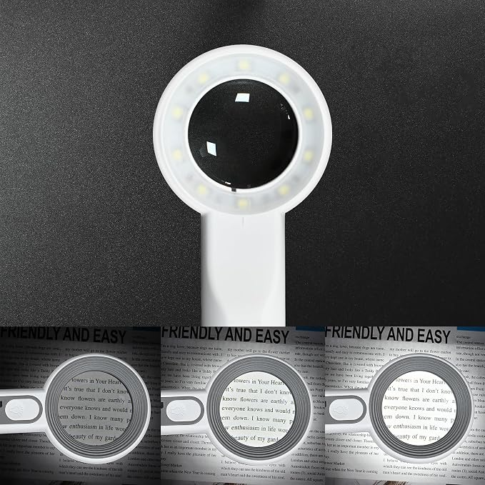 11X Magnifying Glass With Light, Lightweight Rechargeable, 10 LED Power Indicator Handheld for Reading Small Prints, Crafting, Inspecting Coins and Close Work