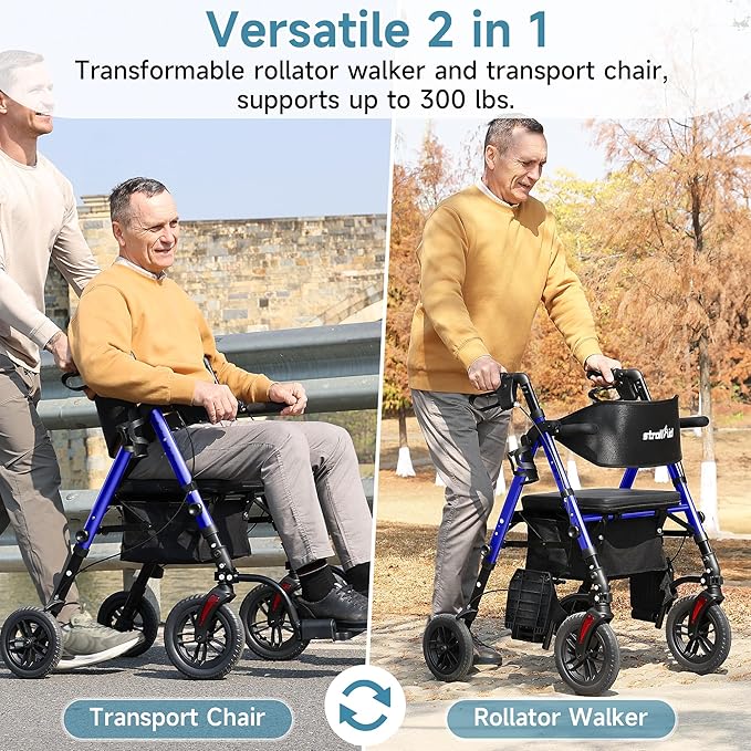 Walkers for Seniors, 2 in 1 Rollator Wheelchairs Combo 10" Big Wheels Walker with Seat, Rollator Transport Chair with Brakes Folding Rolling Walker for Adults, Blue