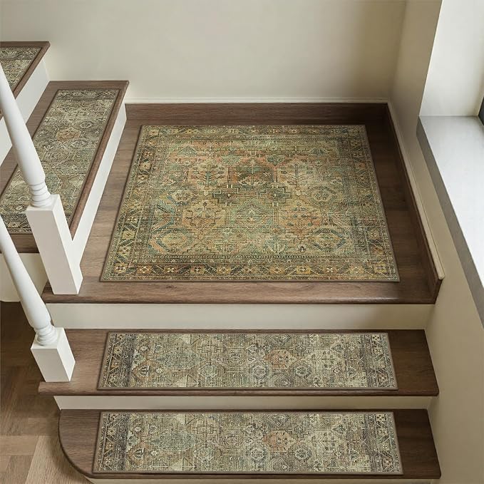 sarben 30"x30" Non Slip Stair Treads for Wooden Steps 1 Pack, Vintage Sage | Peel and Stick Carpet Stair Runner with TPE Adhesive Backing, Carpet for Added Safety, Pet and Senior Friendly