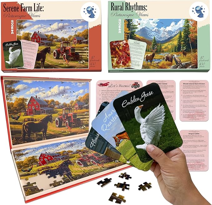 QUOKKA 100 Pieces Dementia Puzzles for Elderly - 3SET Large Piece Puzzles for Seniors - 9 Memory Flashcards with Facts I 25 Discussion Prompts per Puzzle - Alzheimer's Activities Products for Elderly