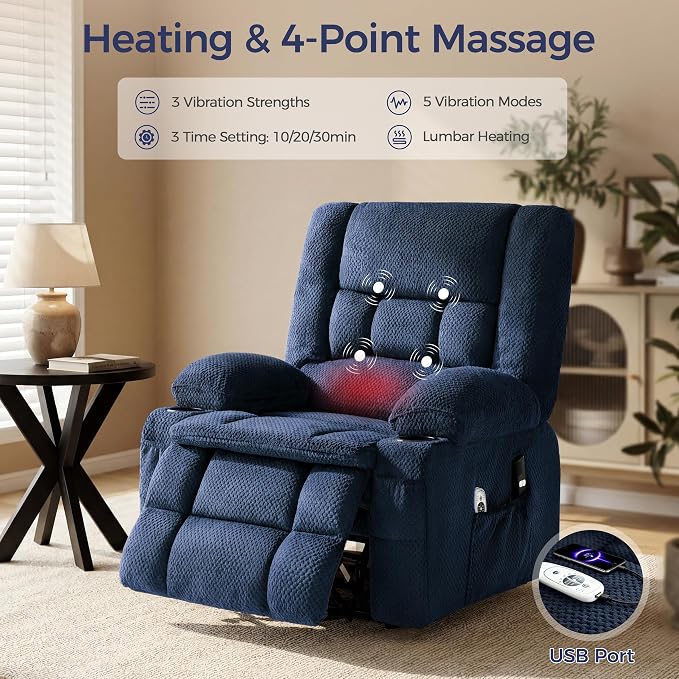 Power Lift Recliner Chair for Elderly, Electric Reclining Lift Chair with Massage and Heating, Comfy Overstuffed Recliner Single Sofa with Cup Holders,Pockets,USB Charge Port for Living Room,NavyBlue