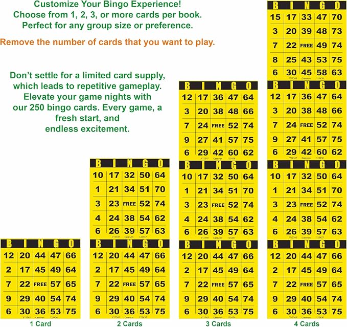 250 Bingo Cards, Large 4.5 x 4.5 Inch, Yellow, Paper Bingo Sheets | 8 Color Options, Premium Cardstock, Disposable with Daubers or Reusable with Chips — Proudly Made in USA