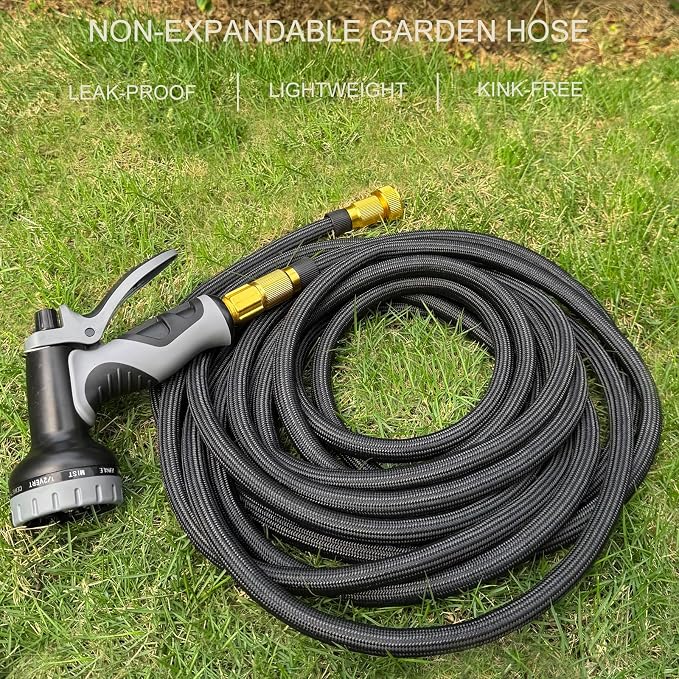Garden Hose 75 ft, Non-Expandable Flexible Water Hose with 10 Function Spray Nozzle, Lightweight, Leak Proof, Kink-Free, Portable Hose for Outdoor, Yard, Lawn, High-Density Fabric, Black Grey